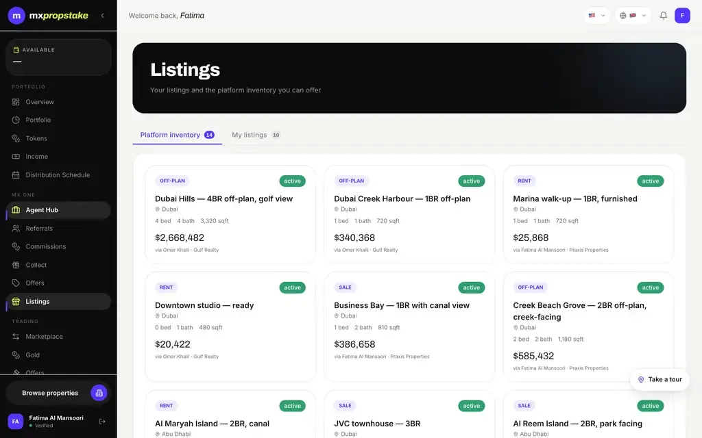 MXPropstake agent web listings page showing the agent's property inventory with price, bedrooms and listing status