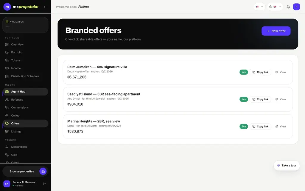 MXPropstake agent web branded offers page where an agent creates a shareable offer and copies its link for a client