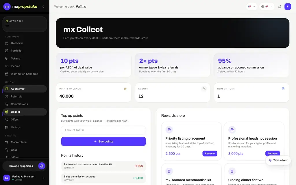MXPropstake agent web points page showing how commission points accrue, the advance rate on accrued commission and the rewards the points can be redeemed against