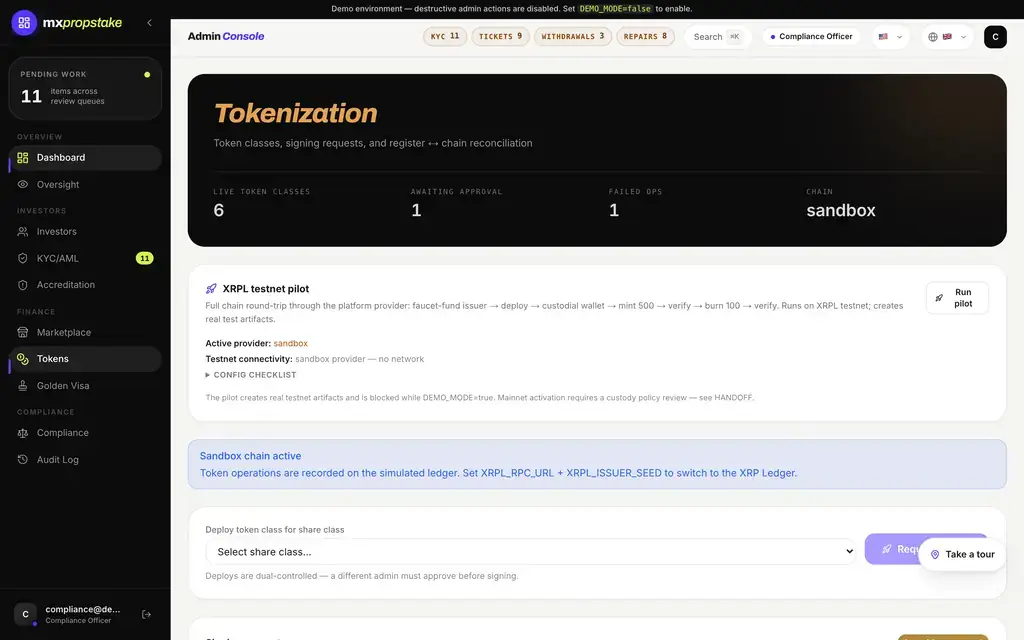 MXPropstake admin console tokenisation screen showing share classes and ownership certificates, with the ledger running in its labelled sandbox mode