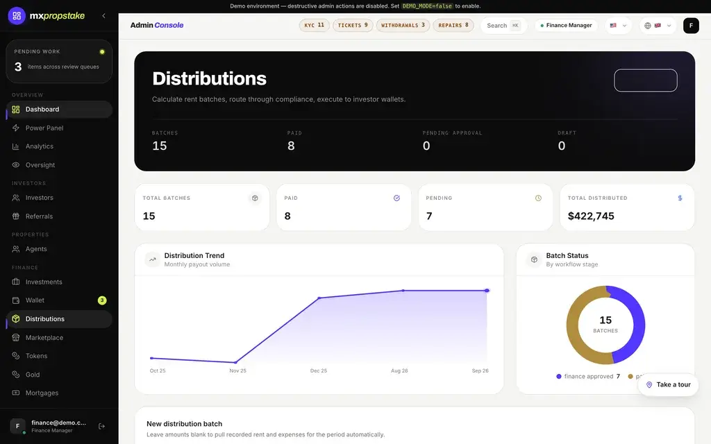 MXPropstake admin console distributions screen showing the distribution trend, batch status breakdown and the total distributed to investors