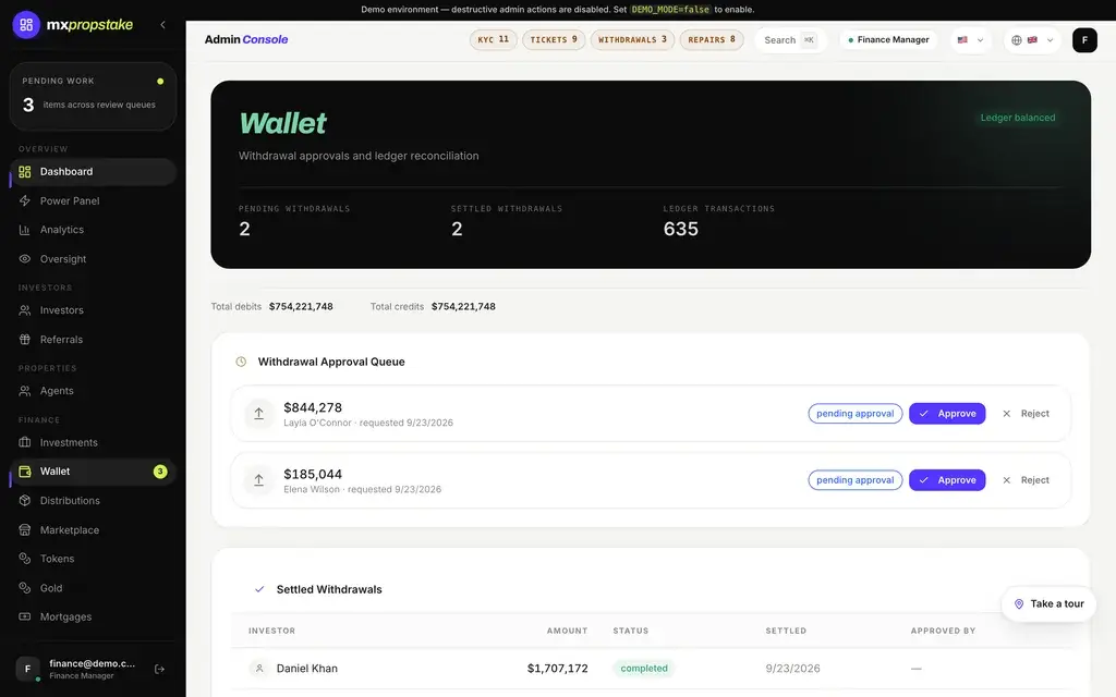 MXPropstake admin console wallet screen showing the withdrawal approval queue and the record of settled withdrawals