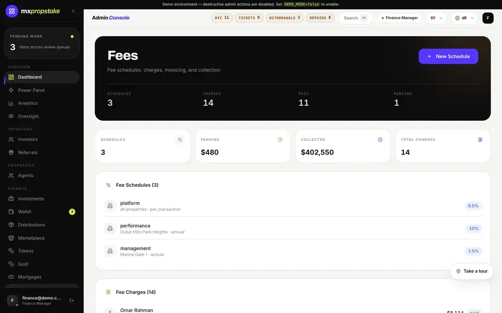 MXPropstake admin console fees screen showing the configurable fee schedules and the fees charged and collected to date