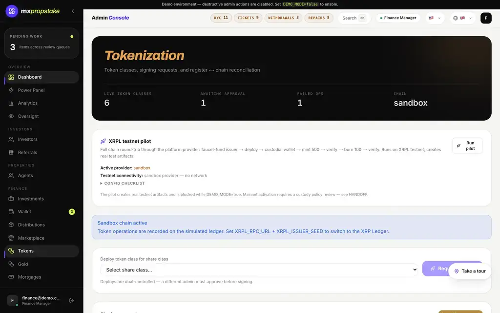 MXPropstake admin console tokenisation screen showing issued share tokens and certificates with the sandbox ledger notice