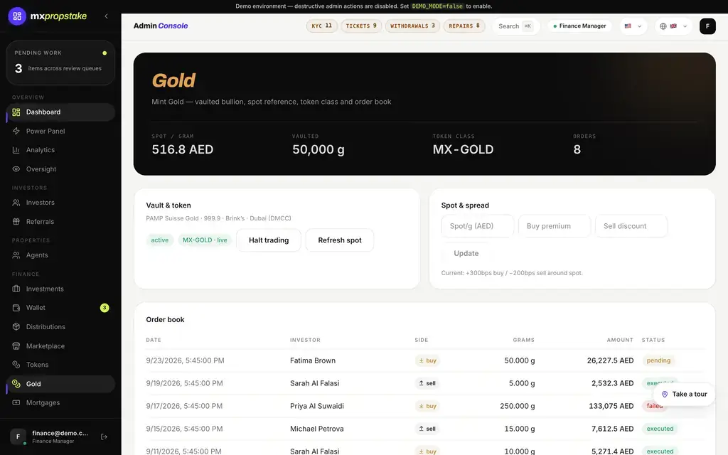 MXPropstake admin console gold screen showing the vaulted gold position, spot price and spread, the order book and the order history