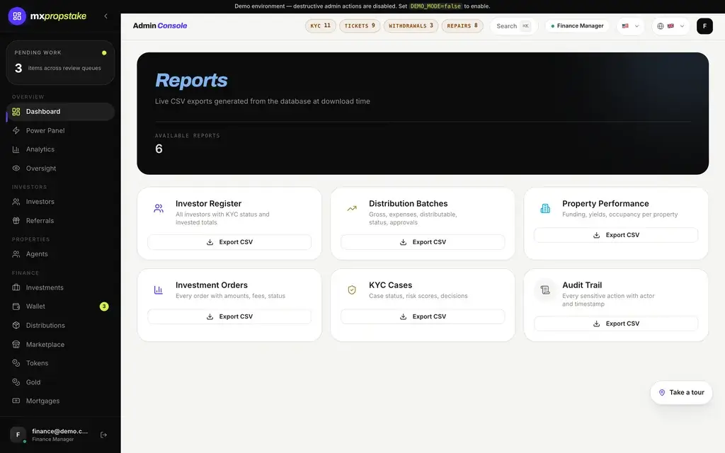 MXPropstake admin console reports screen offering CSV exports for the investor register, distribution batches, property performance, investment orders, KYC cases and the audit trail