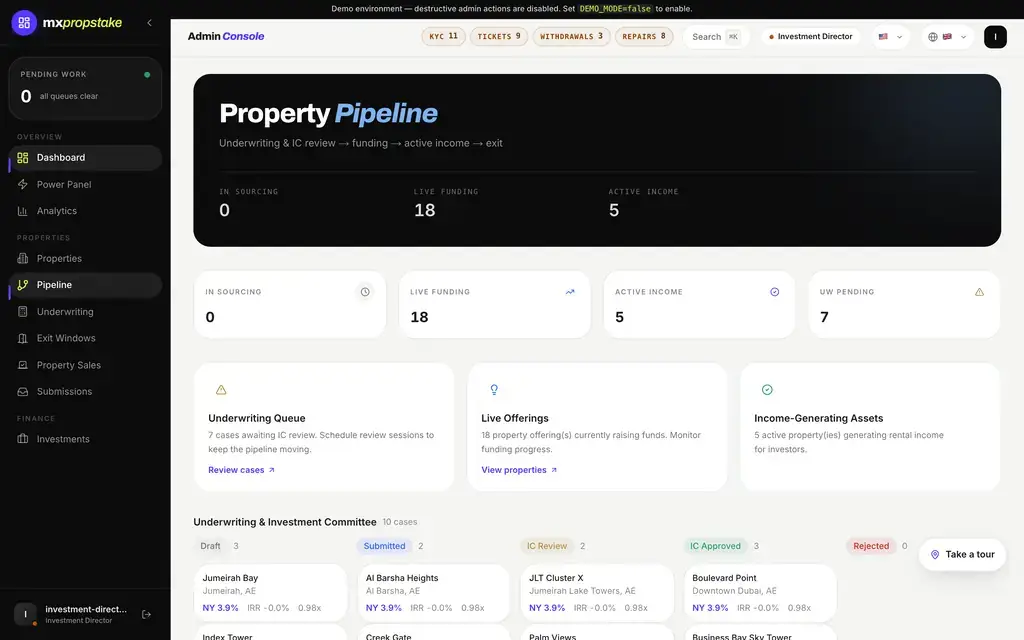 MXPropstake admin console property pipeline showing the underwriting queue, live offerings and income-generating assets with the investment committee below