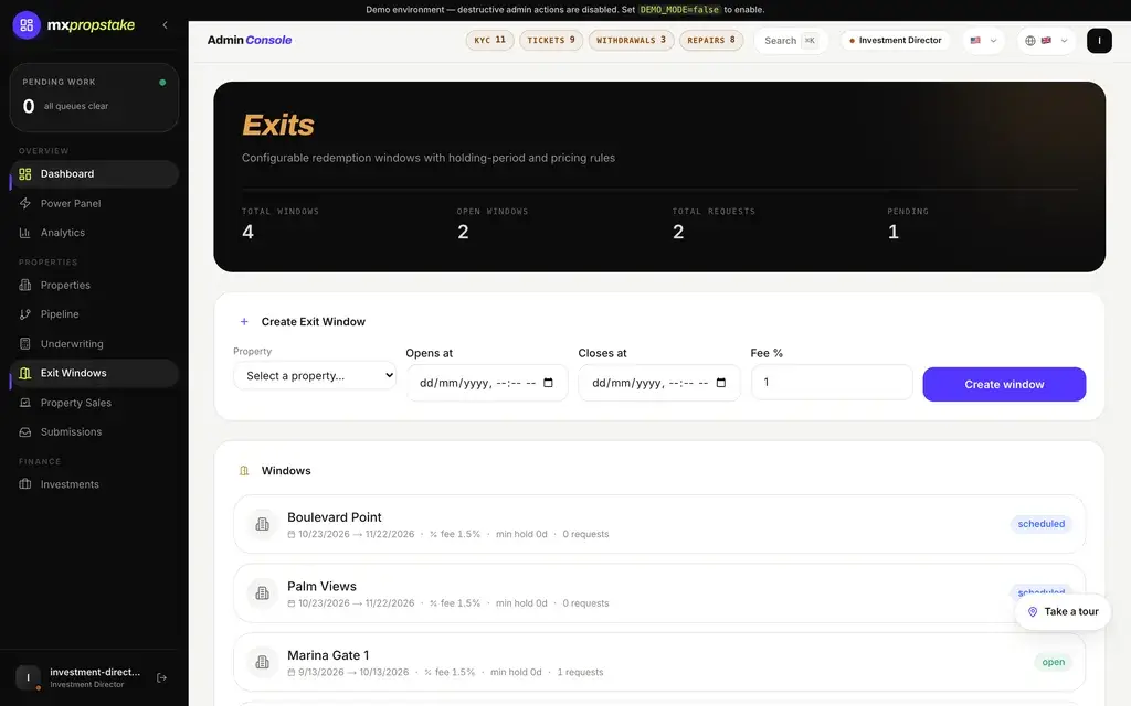 MXPropstake admin console exits screen where scheduled exit windows are created and the order pipeline for each window is tracked