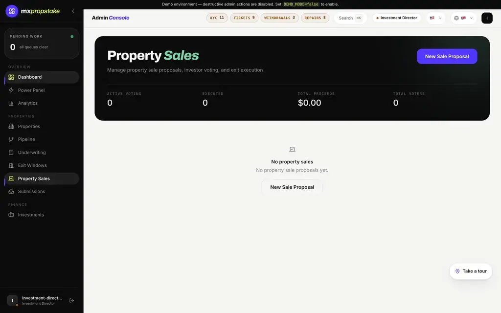 MXPropstake admin console property sales screen where a whole-asset sale proposal is raised for investor approval