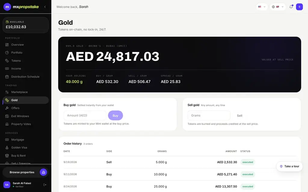 MXPropstake investor web gold page showing the investor's gold holding, buy and sell price, and the order history