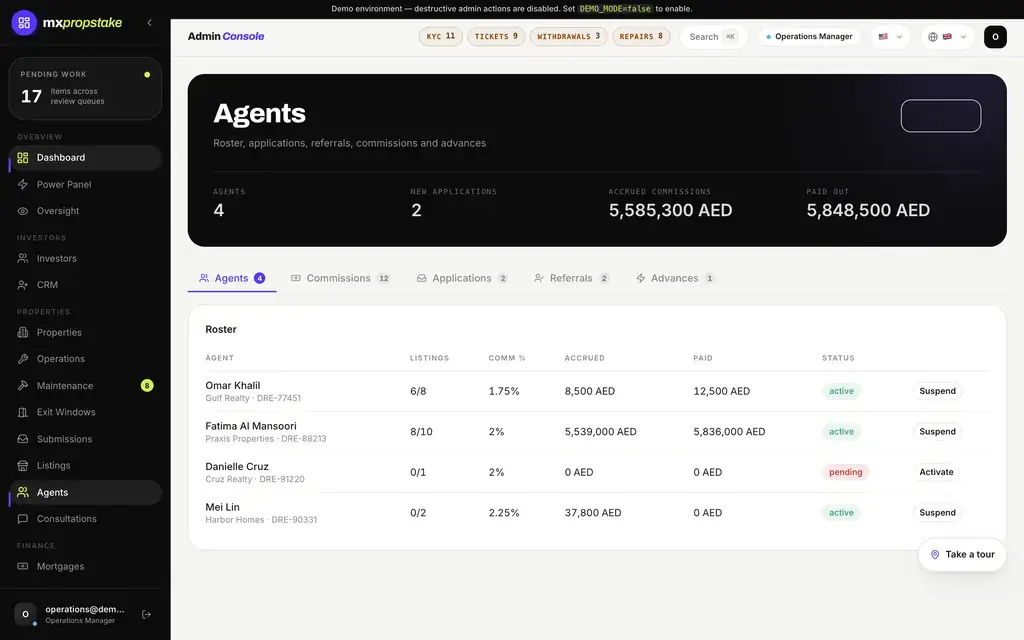 MXPropstake admin console agents screen showing the agent roster with commissions, applications, referrals and advances