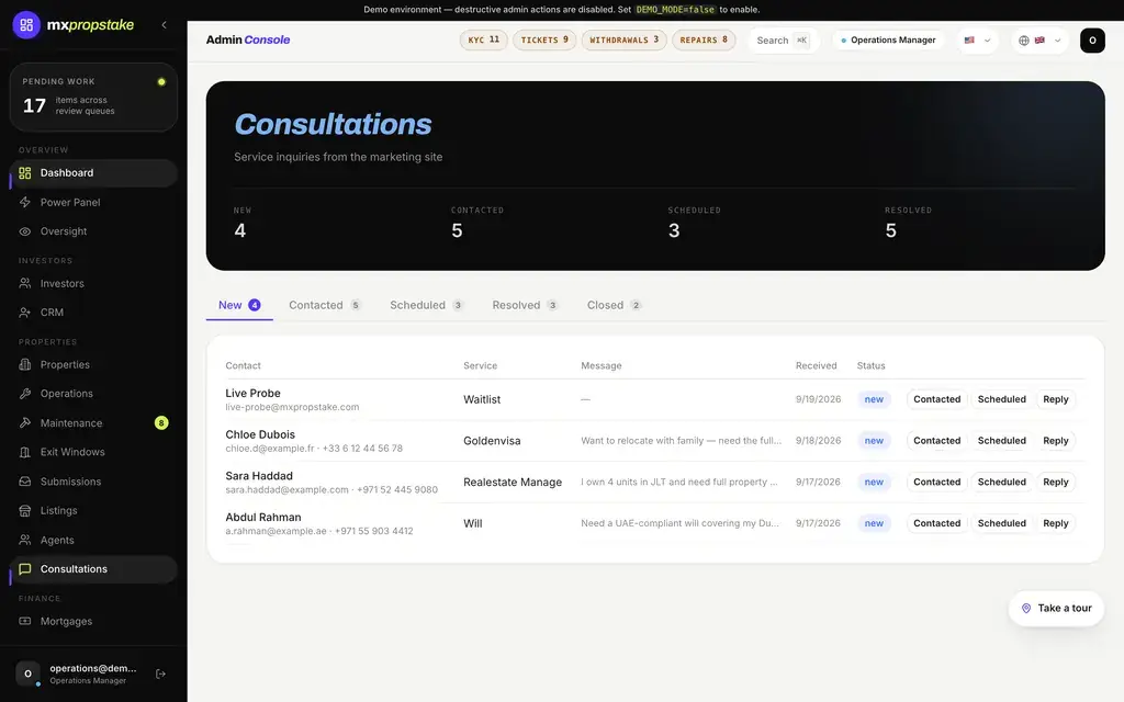 MXPropstake admin console consultations pipeline moving each enquiry from new through contacted, scheduled and resolved