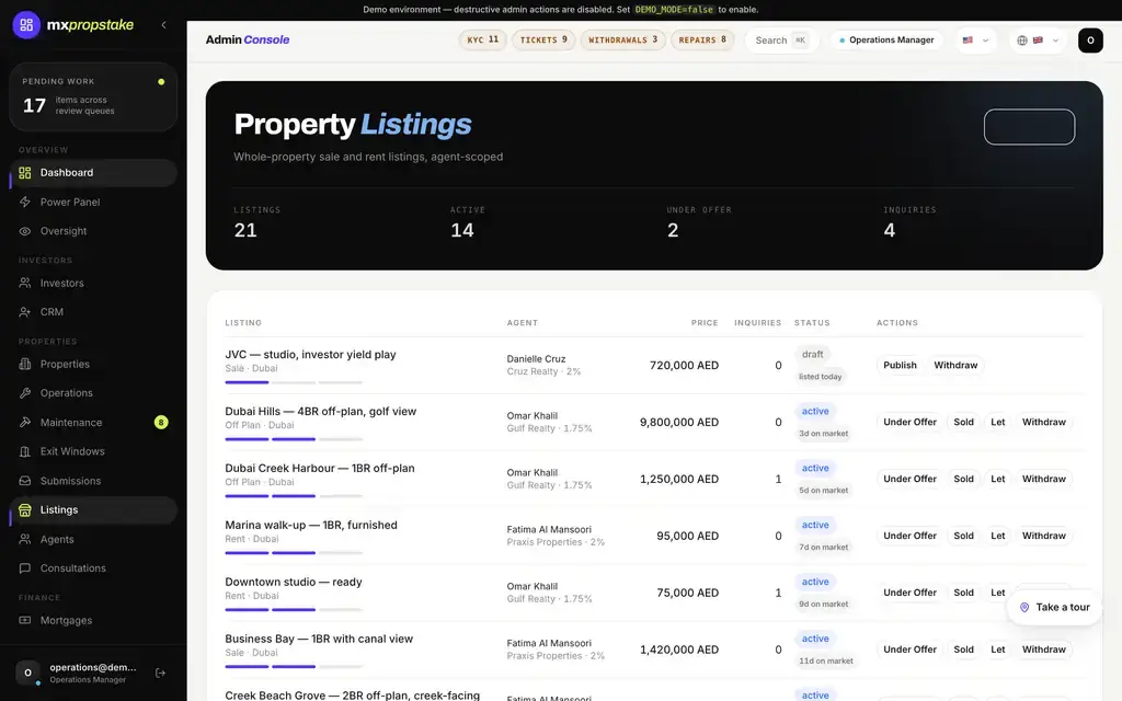 MXPropstake admin console property listings screen showing whole-property sale and rent listings with the agent, price and enquiry count