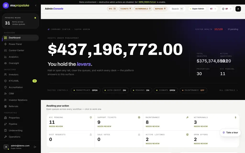 MXPropstake admin console super administrator dashboard showing assets under management and the actions waiting on an approval decision