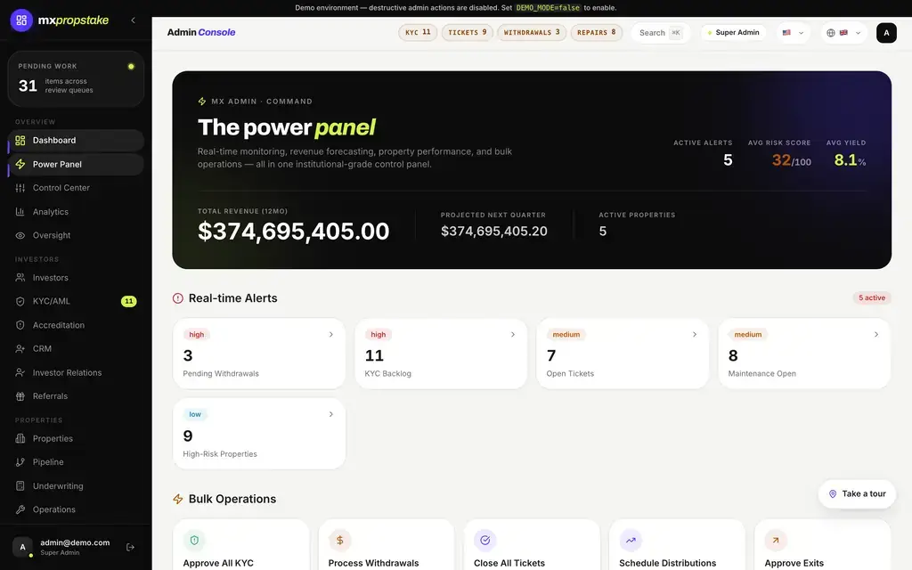 MXPropstake admin console power panel showing real-time alerts for pending withdrawals, KYC backlog, open tickets and exit requests with bulk approval actions