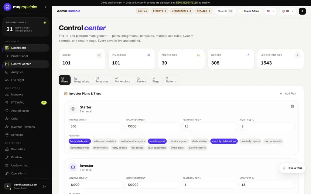 MXPropstake admin console control centre for feature flags, permissions, investor plans, templates and marketplace rules