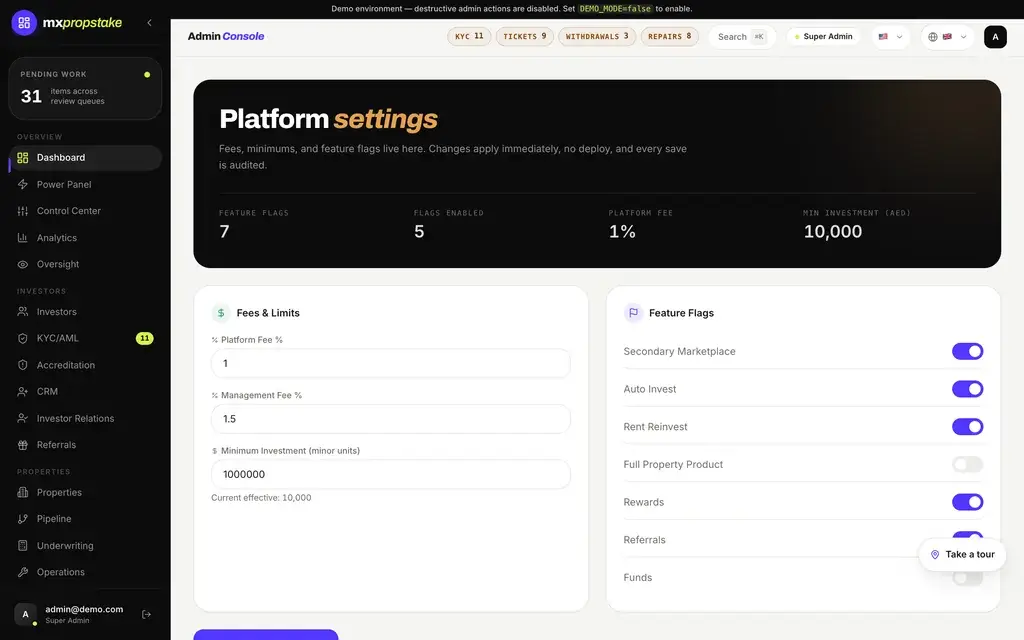 MXPropstake admin console platform settings showing the fee and limit configuration and the feature flags that switch each product line on or off