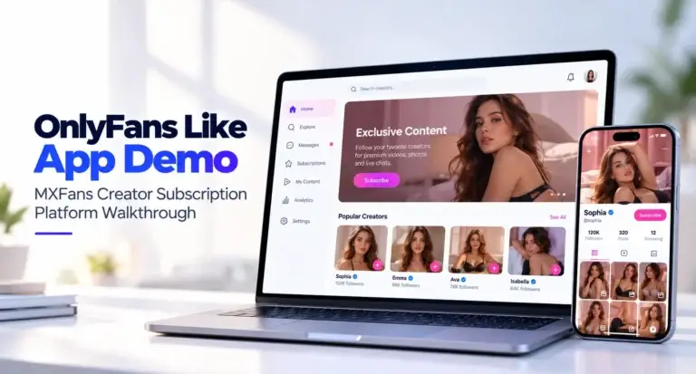 OnlyFans like app demo showing the MXFans creator subscription platform with creator profiles, subscriptions, exclusive content, messaging, and mobile access