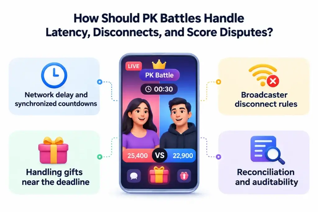 PK Battles in a Live Streaming Entertainment Platform: Technical Mechanics and Monetization Breakdown 2 Infographic explaining how PK battles handle network latency, broadcaster disconnects, gifts near the deadline, and score disputes in live streaming platforms.
