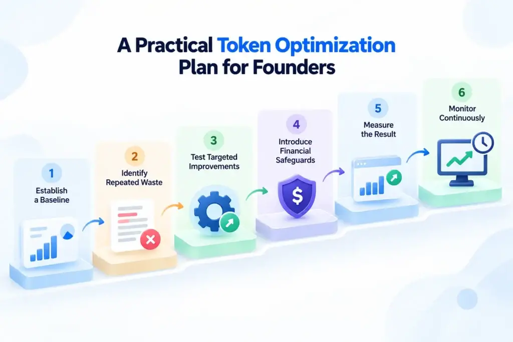 Generative AI App Budget Infographic showing a six-step AI token optimization plan for founders, including cost baselines, waste identification, targeted improvements, financial safeguards, and continuous monitoring.