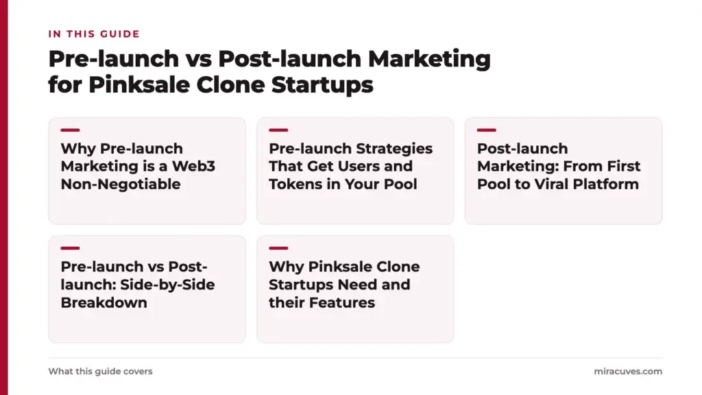 Pre-launch vs Post-launch Marketing for Pinksale Clone Startups 1 Pre-launch vs Post-launch Marketing for Pinksale Clone Startups: Why Pre-launch Marketing is a Web3 Non-Negotiable, Pre-launch Strategies That Get Users and Tokens in Your Pool, Post-launch Marketing: From First Pool to Viral Platform, Pre-