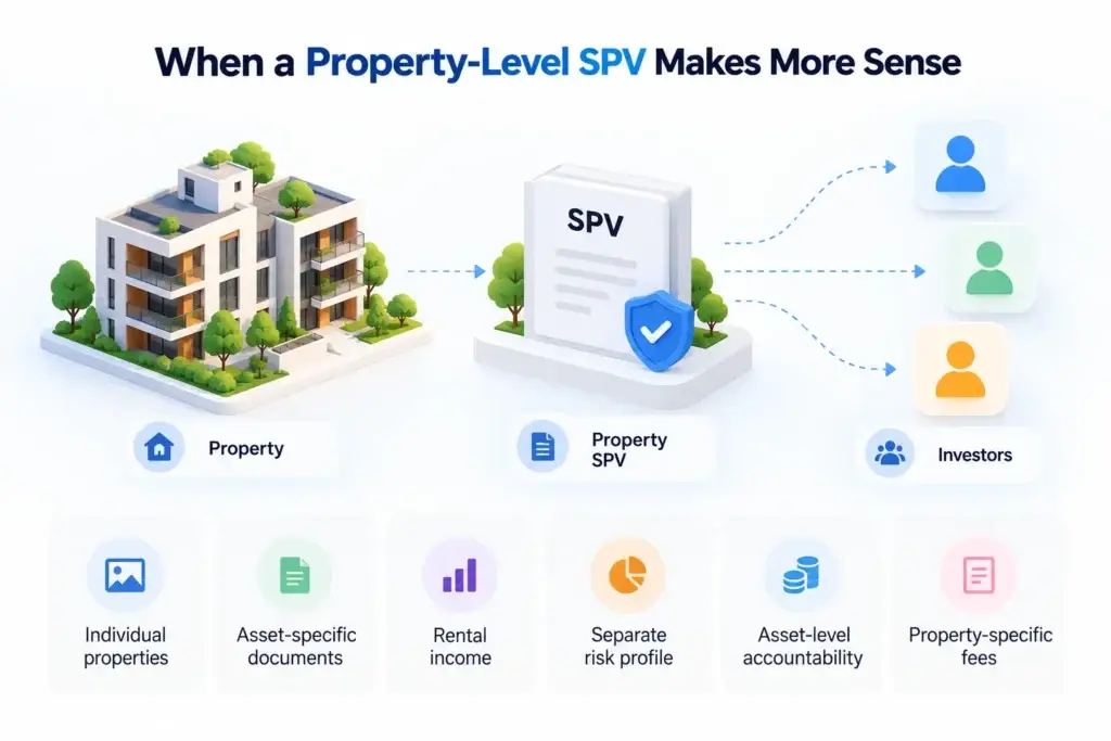 Property-Level SPVs vs Pooled Real Estate Funds: Which Structure Fits a Crowdfunding Platform? 1 Property-level SPV model showing individual property ownership, investor participation, rental income, asset-specific documents, and risk separation in real estate crowdfunding.