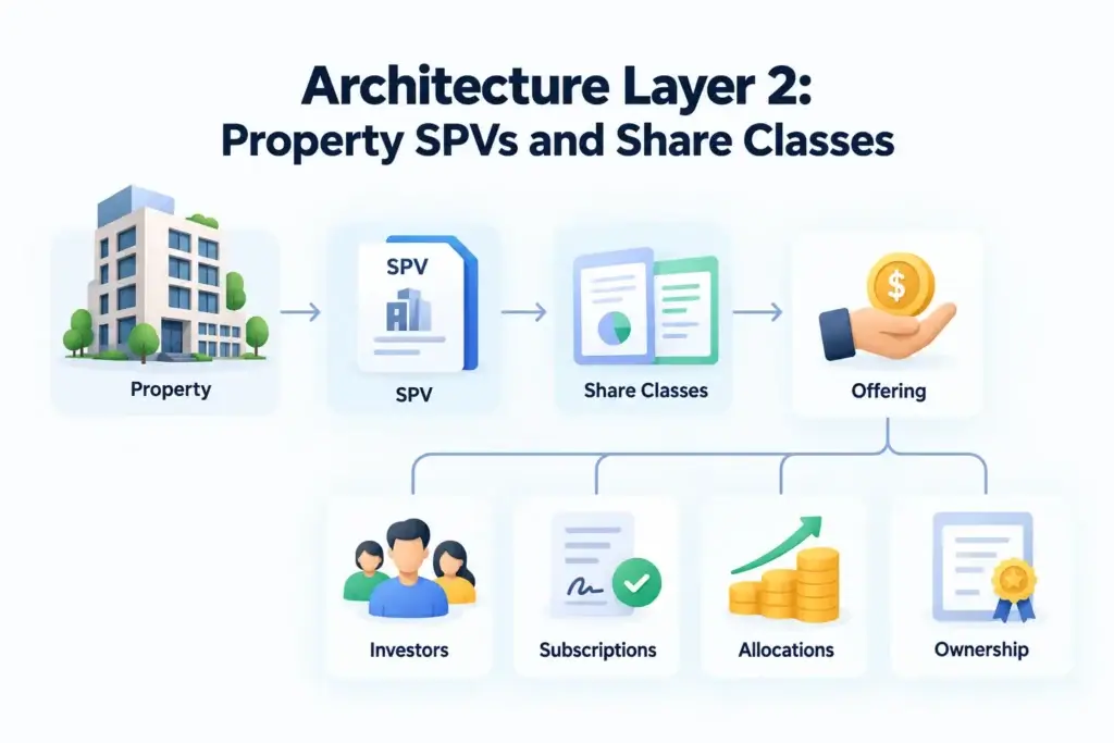 Real Estate Crowdfunding Platform Architecture: Investor Onboarding, SPVs, Ledgers, Payments, and Reporting 1 Property SPV and share class architecture showing property, SPV, share classes, offering, investors, subscriptions, allocations, and ownership.