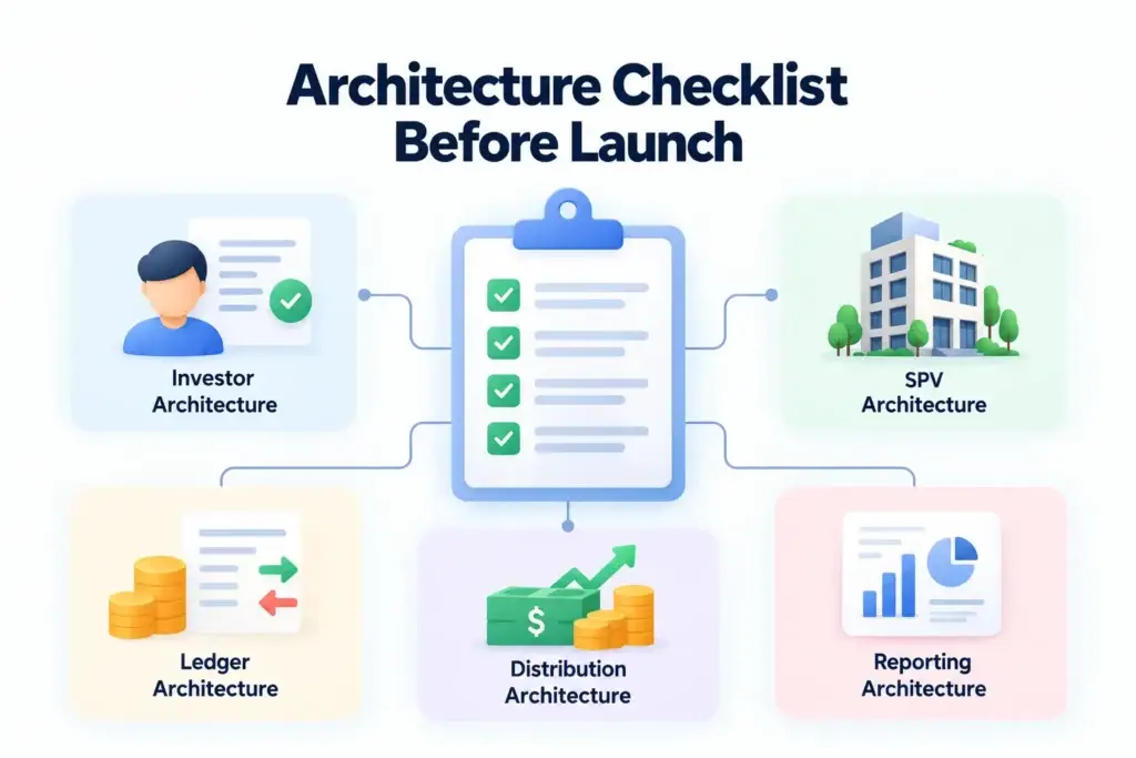 Real Estate Crowdfunding Platform Architecture: Investor Onboarding, SPVs, Ledgers, Payments, and Reporting 2 Real estate crowdfunding architecture checklist covering investor, SPV, ledger, distribution, and reporting architecture before launch.