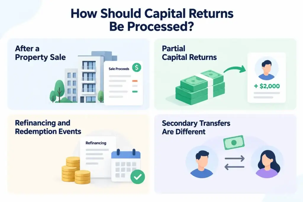 How Should a Real Estate Crowdfunding Platform Manage Investor Distributions and Capital Returns? 2 Capital return processing in a real estate crowdfunding platform, including property sales, partial capital repayments, refinancing, redemption events, and secondary transfers.