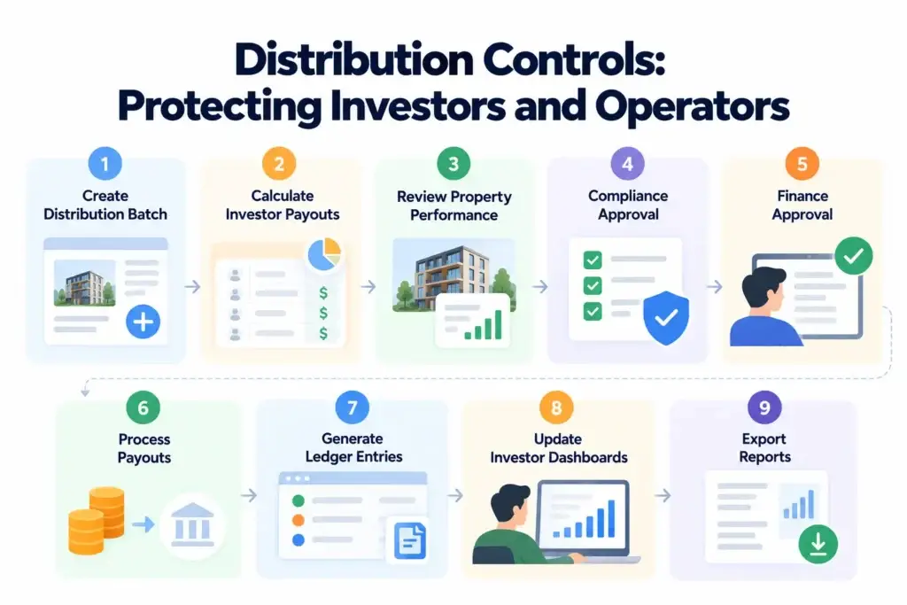 Real Estate Crowdfunding Platform Risk Controls: Property Due Diligence, Investor Protection, and Money Movement 2 Nine-step investor distribution controls workflow for real estate crowdfunding platforms, covering payout calculations, compliance approvals, ledger entries, and reporting.