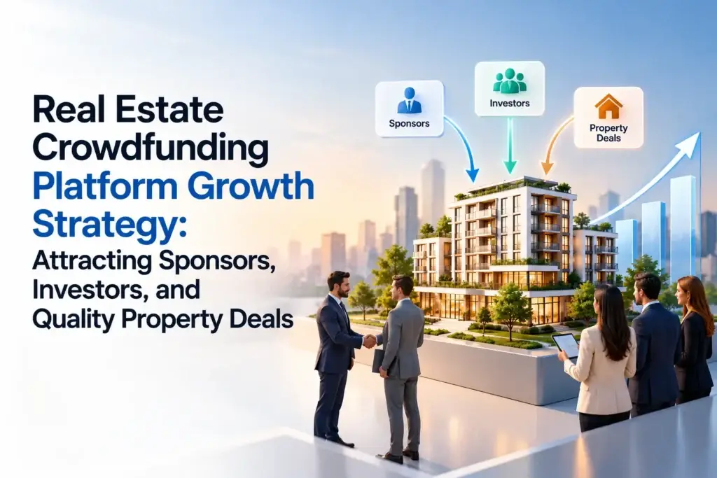 Real estate crowdfunding platform growth strategy showing sponsor acquisition, investor attraction, quality property deals, and investment platform growth.