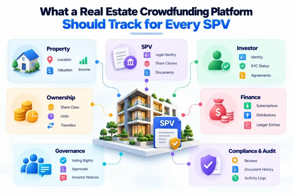 How SPVs Work in a Real Estate Crowdfunding Platform for Property-Backed Investments 2 Real estate crowdfunding platform showing SPV tracking for property, investor, ownership, finance, governance, compliance, and audit records.