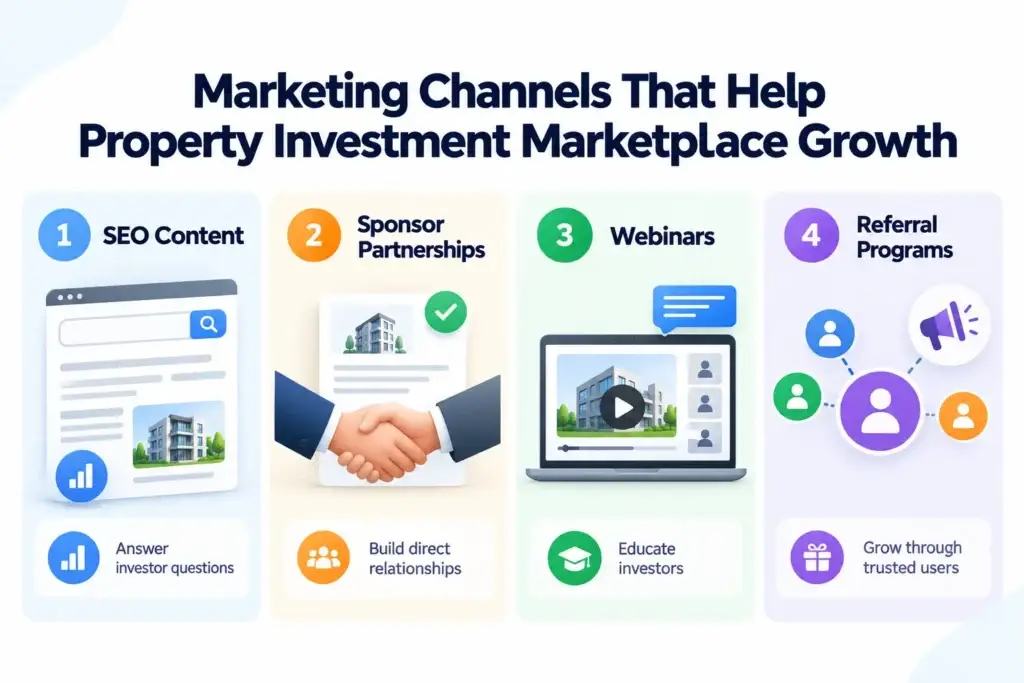Real Estate Crowdfunding Platform Growth Strategy: Attracting Sponsors, Investors, and Quality Property Deals 2 Infographic showing four marketing channels for real estate investment marketplace growth, including SEO content, sponsor partnerships, webinars, and referral programs.
