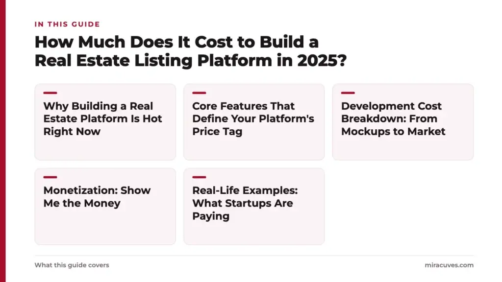 How Much Does It Cost to Build a Real Estate Listing Platform in 2025? 1 How Much Does It Cost to Build a Real Estate Listing Platform in 2025?: Why Building a Real Estate Platform Is Hot Right Now, Core Features That Define Your Platform's Price Tag, Development Cost Breakdown: From Mockups to Market, Monetizat