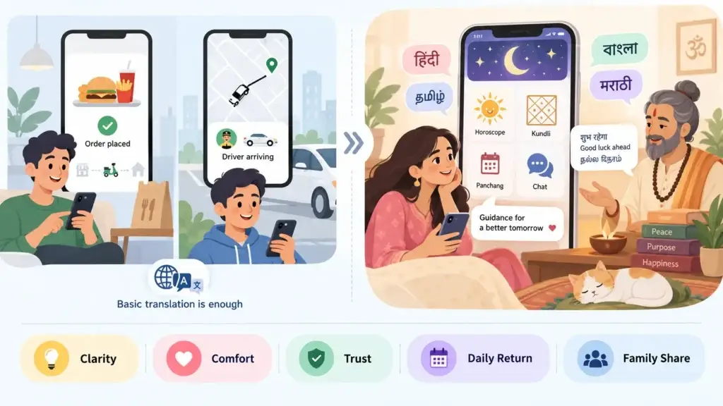 Multilingual Astrology Platforms: Why Regional Languages Matter for User Growth in India 1 Comparison showing how regional-language localization improves clarity, trust, engagement, and retention on an astrology platform