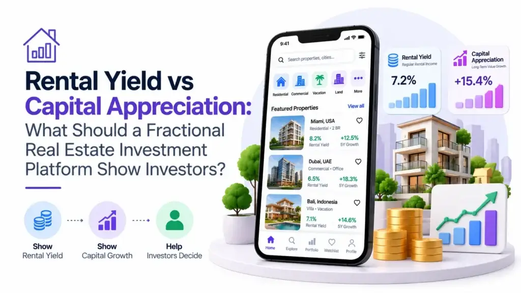 Rental yield vs capital appreciation in a fractional real estate investment platform, comparing rental income, property value growth, and investment performance.
