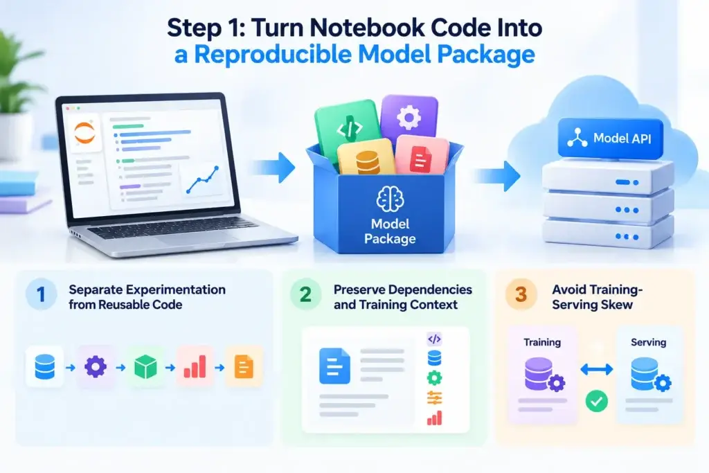 Deploy Monitor Machine Learning Models Production guide Infographic showing how to convert Jupyter notebook code into a reproducible machine learning model package by separating reusable code, preserving dependencies, and avoiding training-serving skew.
