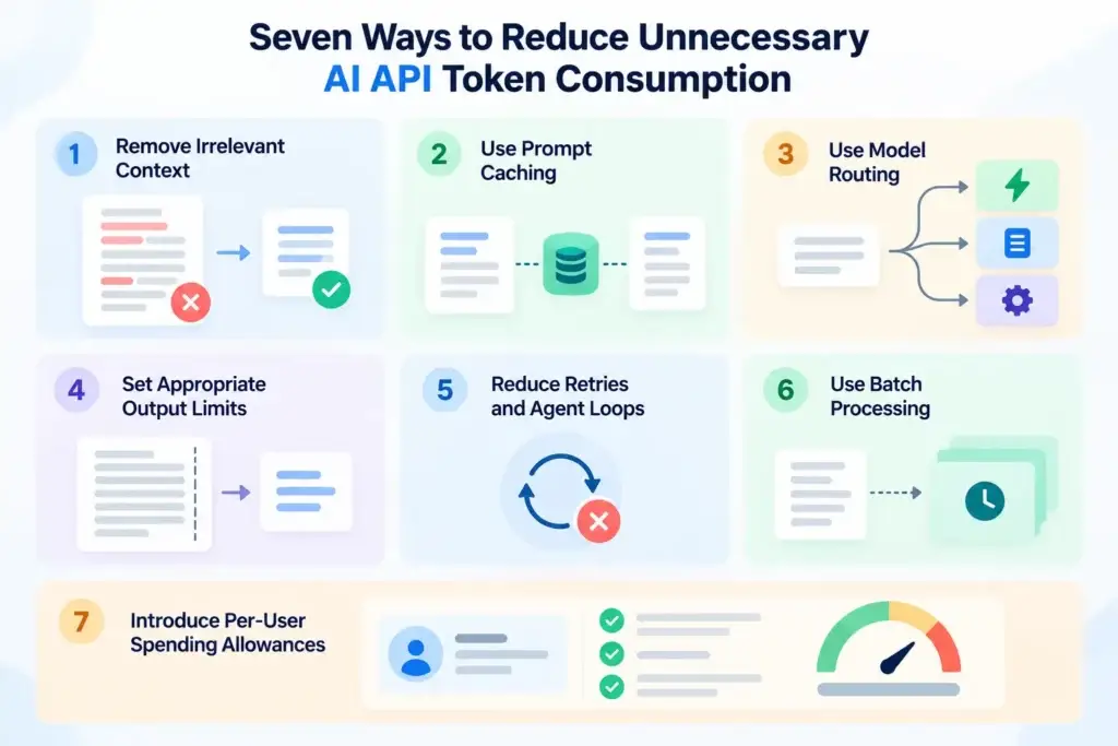 Infographic showing seven ways to reduce AI API token consumption using prompt caching, model routing, output limits, retry optimization, batch processing, and spending controls.