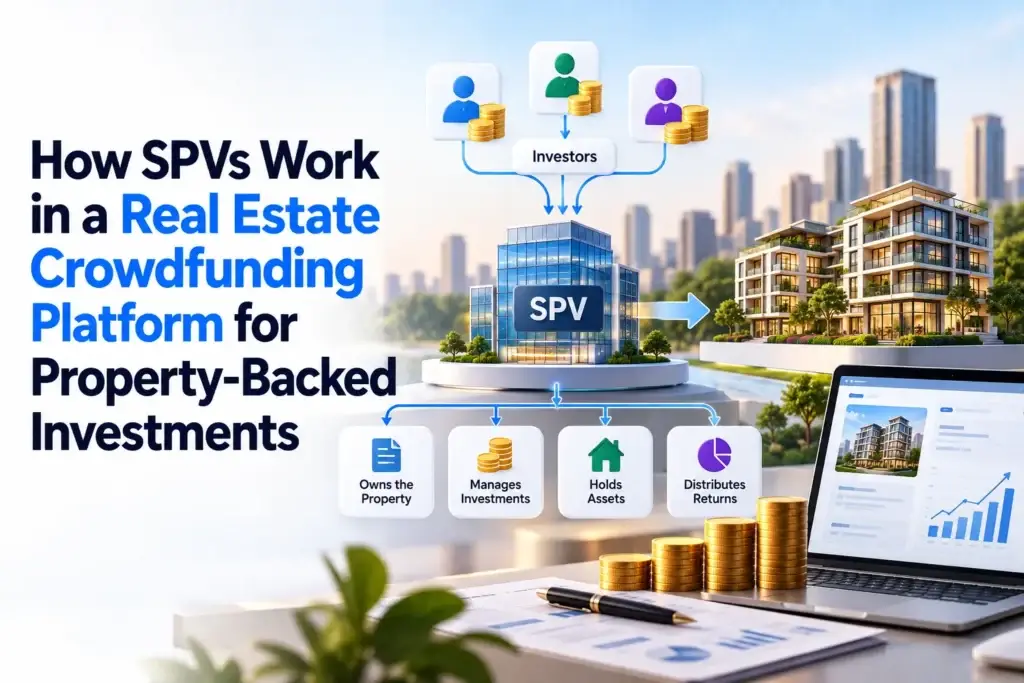 Real estate crowdfunding platform showing investors funding an SPV that owns property, manages investments, holds assets, and distributes returns.