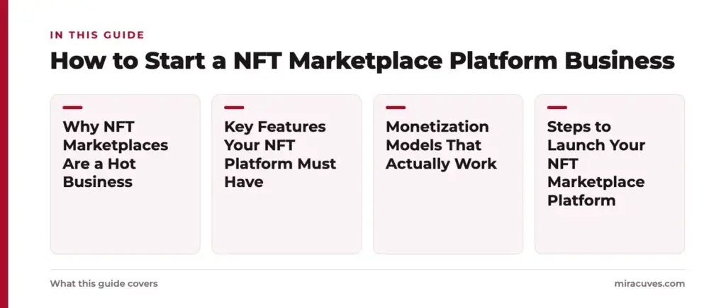 How to Start a NFT Marketplace Platform Business 1 How to Start a NFT Marketplace Platform Business: Why NFT Marketplaces Are a Hot Business, Key Features Your NFT Platform Must Have, Monetization Models That Actually Work, Steps to Launch Your NFT Marketplace Platform