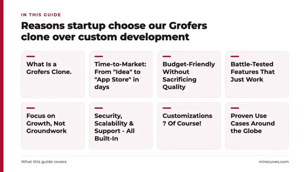 Reasons startup choose our Grofers clone over custom development 1 Reasons startup choose our Grofers clone over custom development: What Is a Grofers Clone., Time-to-Market: From "Idea" to "App Store" in days, Budget-Friendly Without Sacrificing Quality, Battle-Tested Features That Just Work, Focus on Gro