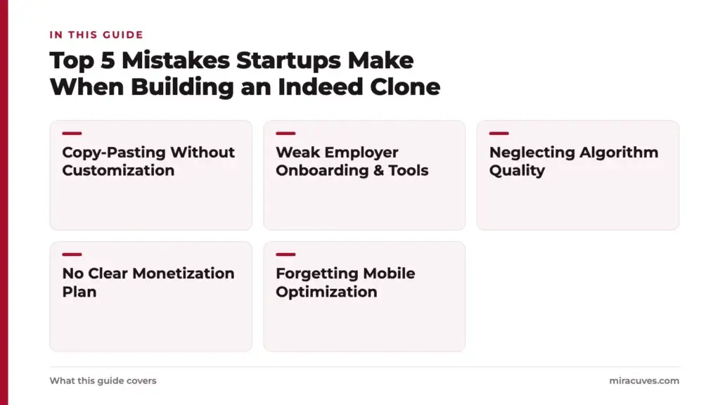 Top 5 Mistakes Startups Make When Building an Indeed Clone 1 Top 5 Mistakes Startups Make When Building an Indeed Clone: Copy-Pasting Without Customization, Weak Employer Onboarding & Tools, Neglecting Algorithm Quality, No Clear Monetization Plan, Forgetting Mobile Optimization