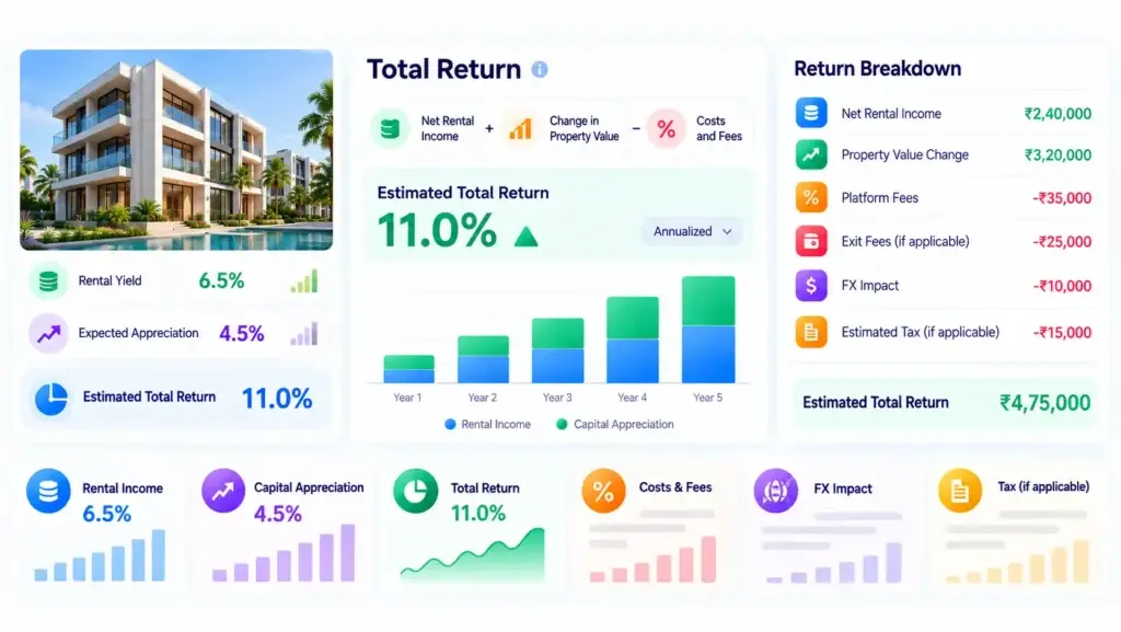 Rental Yield vs Capital Appreciation: What Should a Fractional Real Estate Investment Platform Show Investors? 1 Infographic explaining how total return is calculated for a fractional real estate investment. It separates net rental income and property value changes from platform fees, exit fees, foreign exchange impact, and applicable taxes, helping investors understand the components of investment performance.