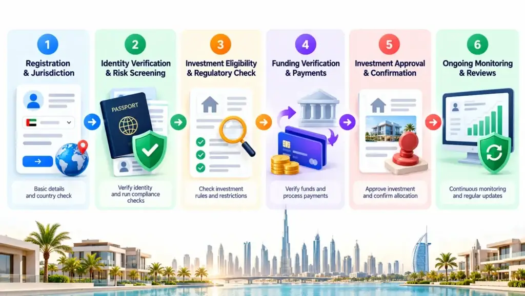International Investor Onboarding for UAE Property Investment Platforms: KYC, Eligibility, Currency, and Compliance 2 Six steps of international investor onboarding for UAE property investment, from registration and identity verification to eligibility checks, funding, approval, and ongoing monitoring.