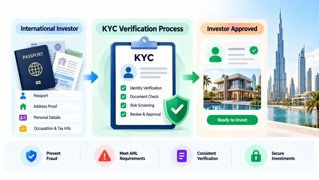 International Investor Onboarding for UAE Property Investment Platforms: KYC, Eligibility, Currency, and Compliance 1 KYC verification process for international investors investing in UAE real estate, including passport checks, identity verification, risk screening, and investment approval.