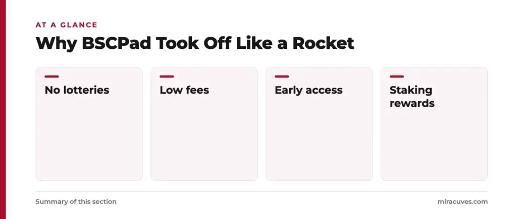 What is BSCPad App and How Does It Work? 2 Why BSCPad Took Off Like a Rocket: No lotteries, Low fees, Early access, Staking rewards