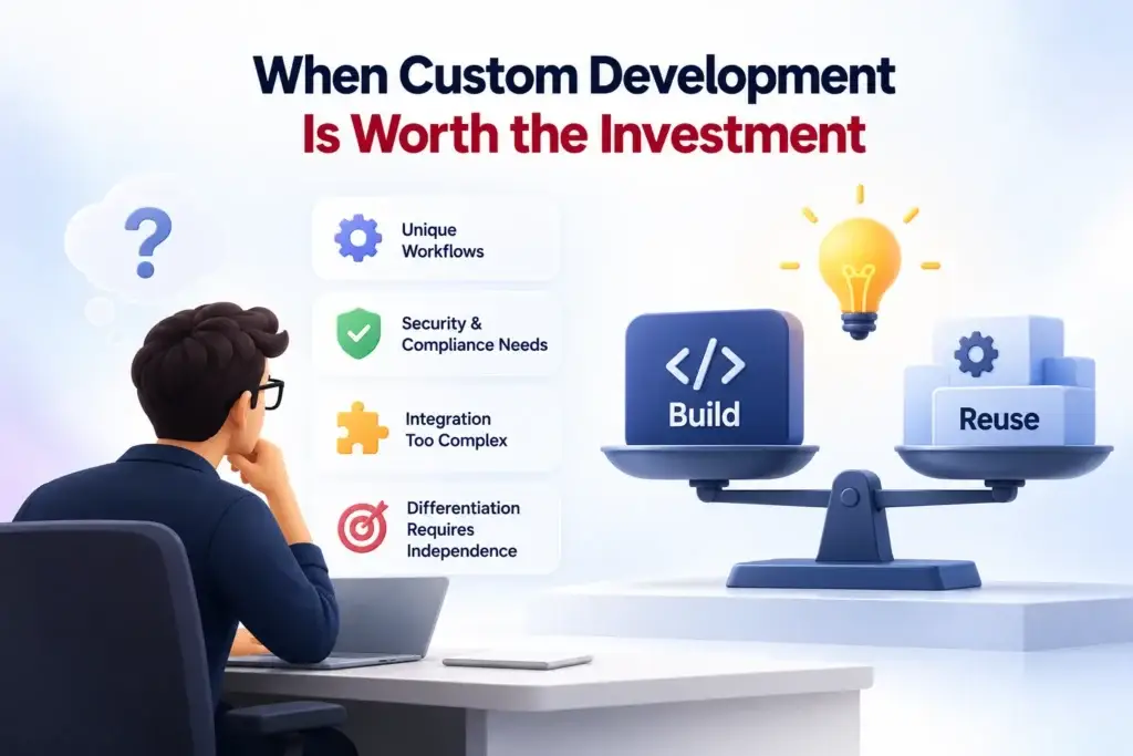 developer trap buy prebuilt core architecture Illustration showing when custom software development is worth the investment, highlighting unique workflows, security requirements, complex integrations, and competitive differentiation.