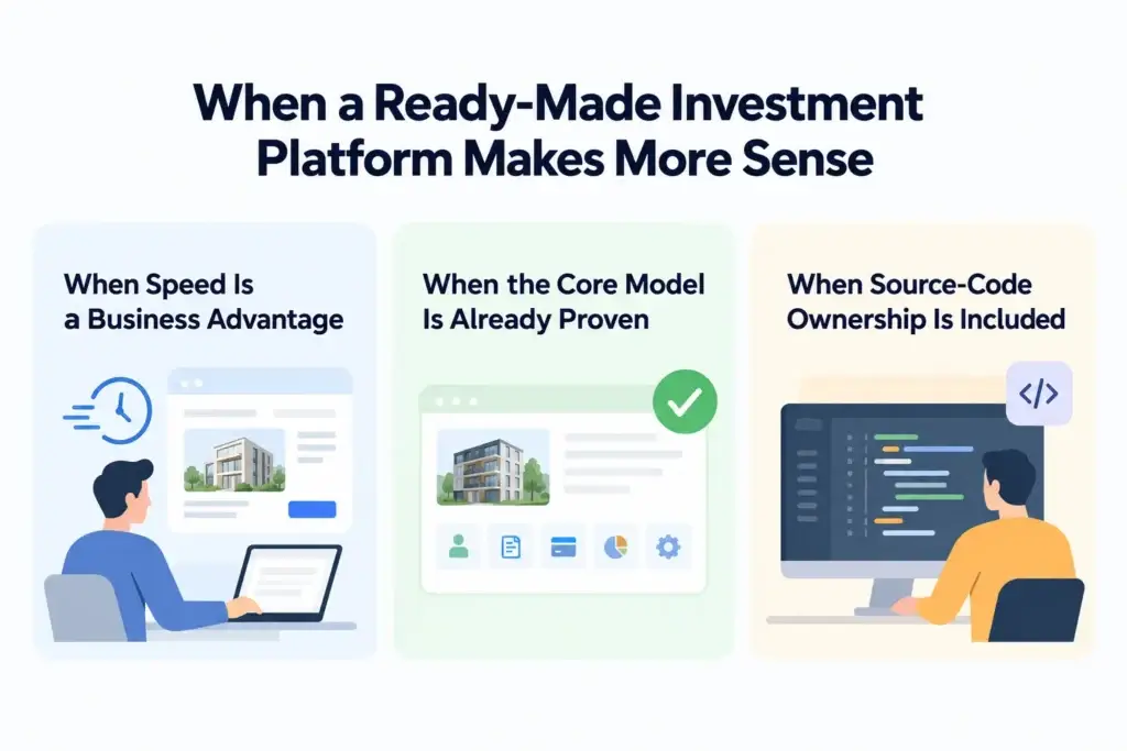 Ready-Made vs Custom Property Investment Software: What Should Investment Startups Choose? 1 Illustration showing when a ready-made investment platform makes more sense for startups, highlighting faster launch, proven business models, and source-code ownership.