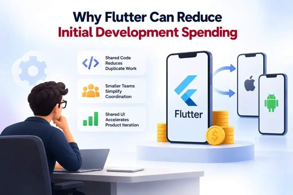 Illustration showing how Flutter reduces initial mobile app development costs through shared code, smaller development teams, and faster UI development for iOS and Android.