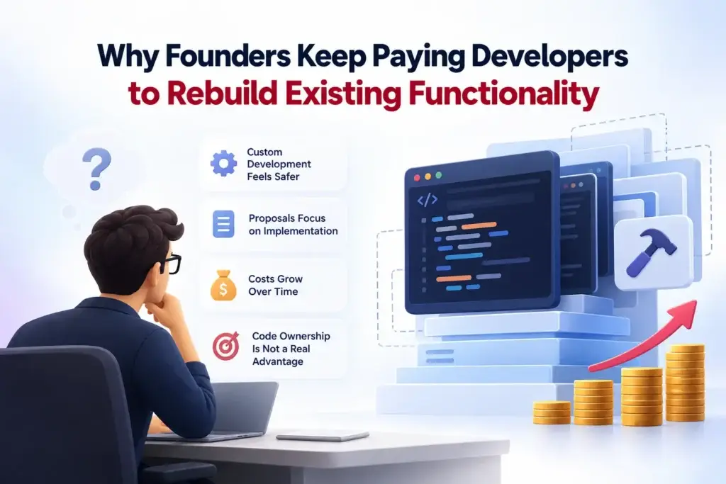 Illustration showing why startup founders keep paying developers to rebuild existing software functionality, increasing development costs and delaying product launches.